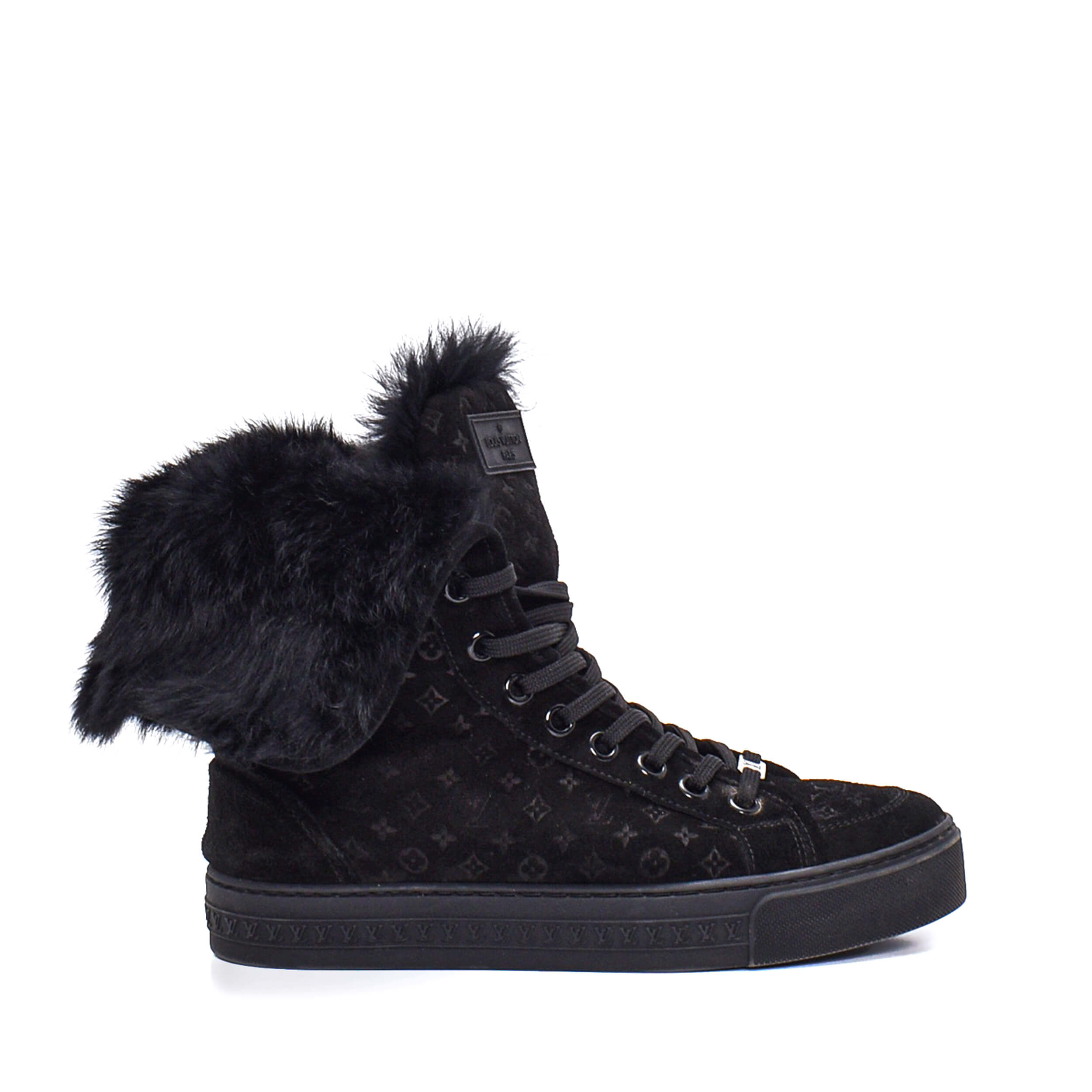 Louis Vuitton - Black Lv Monogram & Fur Detail Long Sneakers